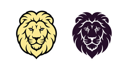 Lion Head Emblem: A striking graphic design featuring two stylized lion heads, one in golden yellow and the other in dark purple, presented as bold emblems of strength and royalty. © SUZUNCHANDRA