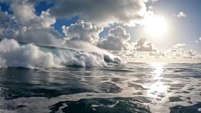Ocean wave breaking in slow motion with bright sun and dramatic cloudy sky, creating a stunning seascape