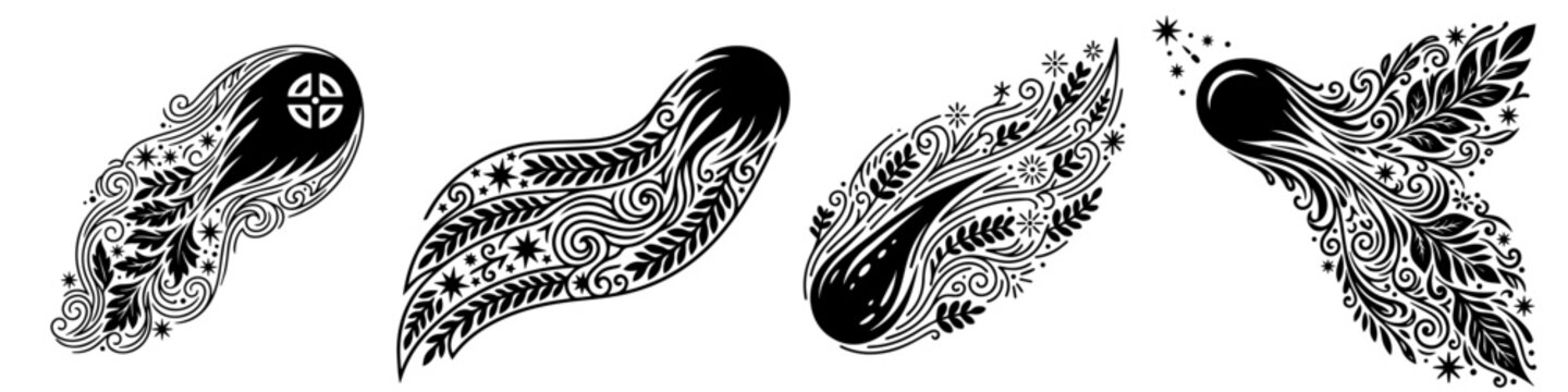 Flying comet with floral pattern ornate. Celestiale doodle vector set. Isolated monochrome decorative elements.