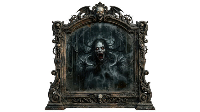 Ornate dark gothic mirror frame with screaming female ghost and swirling mist isolated on transparent background
