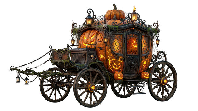 Ornate Halloween pumpkin carriage decorated with skulls and lanterns, isolated on transparent background