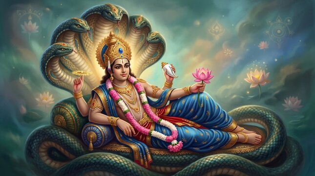 Deity of Vishnu Reclining on Shesha Naga, Symbolizing Protection and Cosmic Order for Diwali Navratri Dussehra Narasimha Vamana Kurma Varaha Parashurama Jayanti Anant Chaturdashi Devshayani ... 