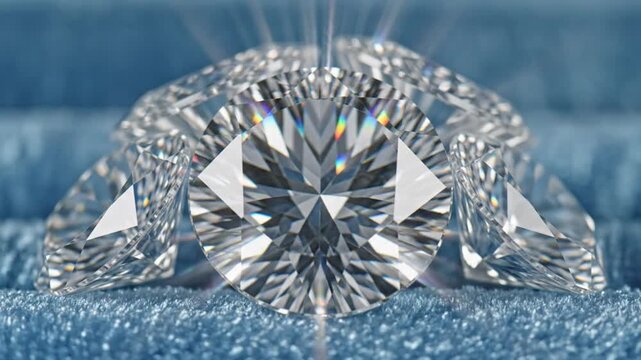 Luxurious group of brilliant cut diamonds sparkling with mesmerizing light and elegance displayed on blue plush fabric