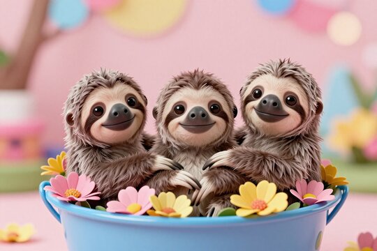 Three sloths are sitting in a blue bucket surrounded by flowers