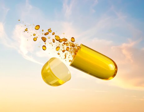 A golden capsule opens with particles flying out against a sunset sky