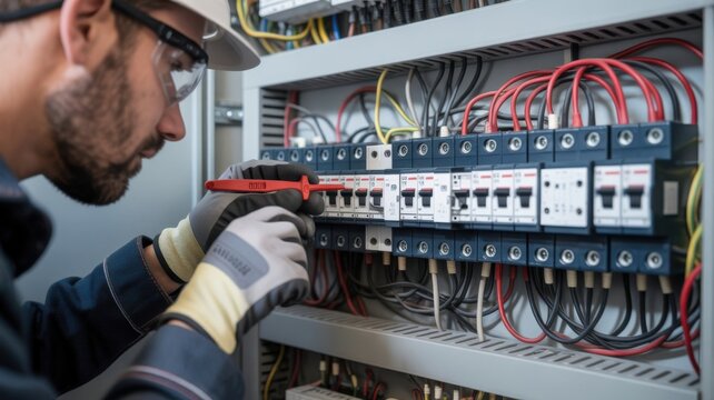 Experienced technician adjusts circuit breaker inside modern electrical panel, focusing on safe operation and proper wiring installation.