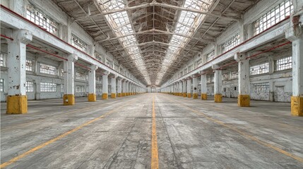 Naklejka premium Vast Empty Industrial Warehouse with Streamlined Aisle and High Ceilings Bathed in Natural Light