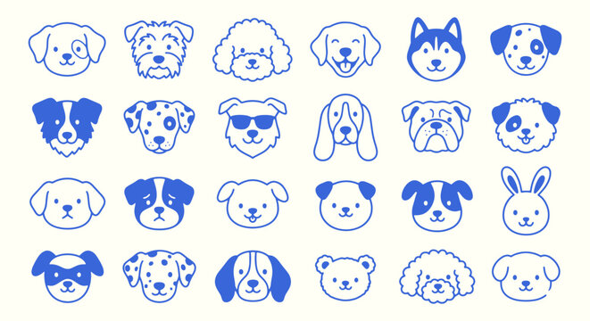 Collection of blue cartoon animal faces dogs and rabbit on white background for design and decoration