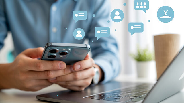 Man using smartphone with chat bubbles and icons representing communication and social media.