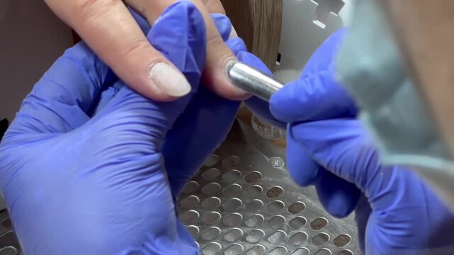 Gloved hands work carefully on a nail. Tool glides gently over nail surface. Precision and care define the process. Perfect for beauty or wellness content