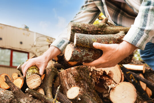 Man holding a stack of chopped wood logs and firewood in his hands. Concept of timber logging, lumber preparation, and rural winter heating.