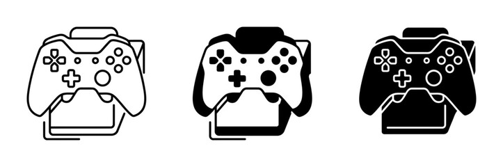 3 Game Controllers on Stands Icon Set, Outline and Solid Styles, for Gaming and Entertainment © Designhouse