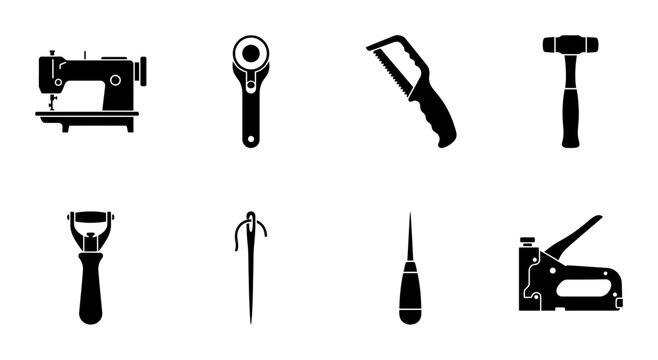 8 Sewing and Craft Tools Silhouette Icons, Flat, for Hobby and DIY Projects