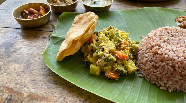 Close up of traditional Kerala sadya meal with red rice and avial