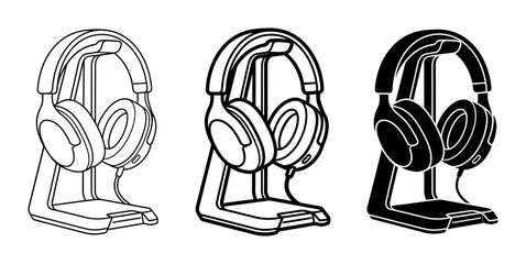 3 headphone stands icon set, outline flat silhouette, for audio equipment display © Designhouse