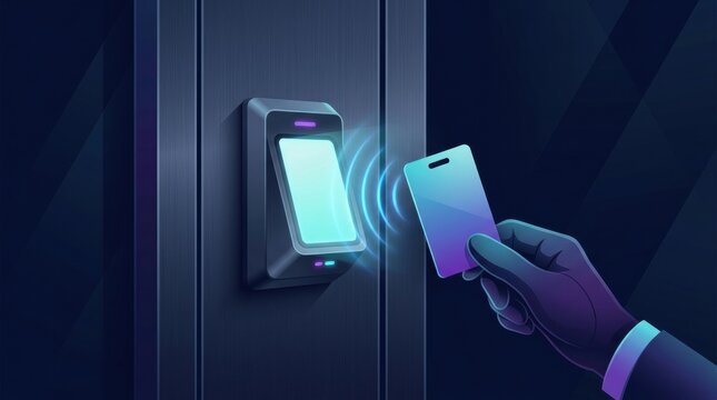 A security guard holds a card near an access control reader for verification at a facility. This occurs during evening hours.