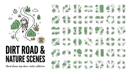 Hand drawn dirt road and nature scenes, 150+ top down vector collection, green forest trail and path map elements for hiking and camping © edit