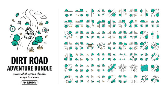 Minimalist dirt road adventure bundle, 70+ vector doodle maps and icons, hand drawn off-road travel elements for camping and hiking navigation
