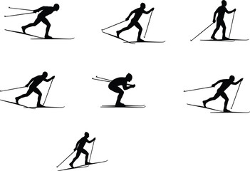 Fototapeta premium Cross Country Skiing Silhouette Collection Featuring Nordic Ski Athletes in Dynamic Winter Sports Poses Isolated Vector Set