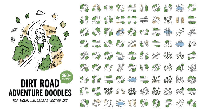 Dirt road adventure doodles, top-down landscape vector set with 350 icons, hand-drawn nature map elements for hiking and camping design