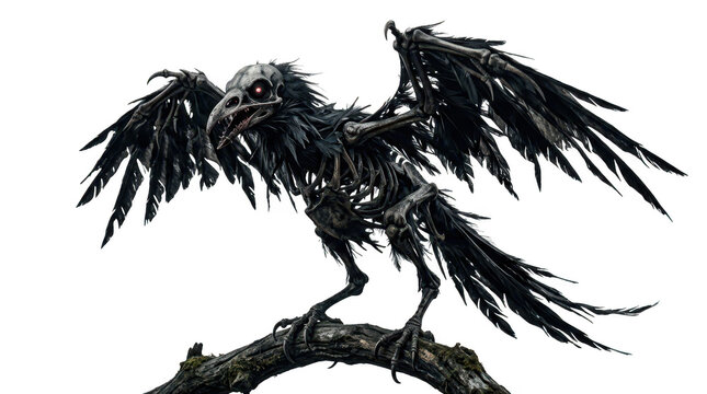 Skeletal raven with red glowing eyes and dark feathers isolated on transparent background