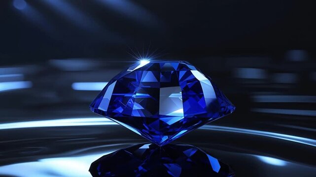 Saphir bleu en rotation sur surface r&eacute;fl&eacute;chissante _ Blue sapphire gemstone rotating on reflective surface