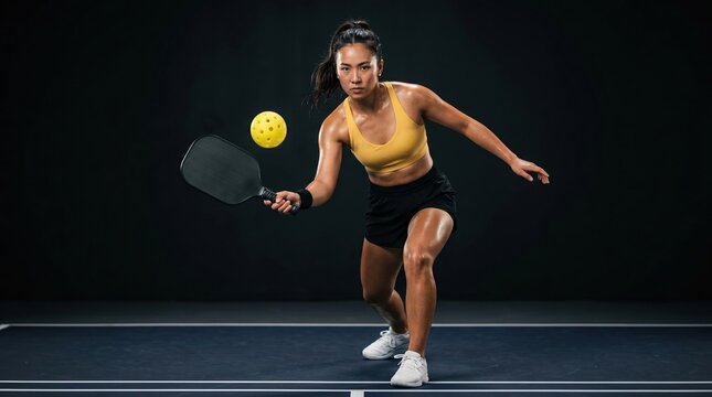 Focused asian female pickleball player reaching for the ball with paddle on indoor court. Competitive athlete training for racket sport agility and fast reaction play.