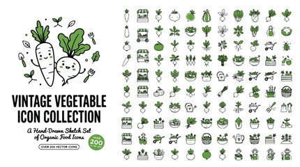 Vintage vegetable icon collection, hand drawn sketch set of organic food icons, over 200 green and black garden vector elements for farm branding © edit