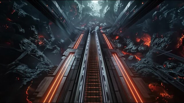 Futuristic Planet Core Transit System Inside Volcanic Megastructure