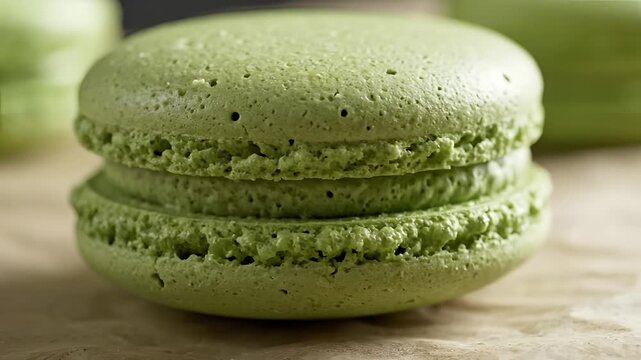 Closeup of a delicious green matcha macaron on a wooden surface.