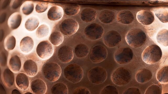 Closeup of Hammered Copper Surface with Circular Indentations.