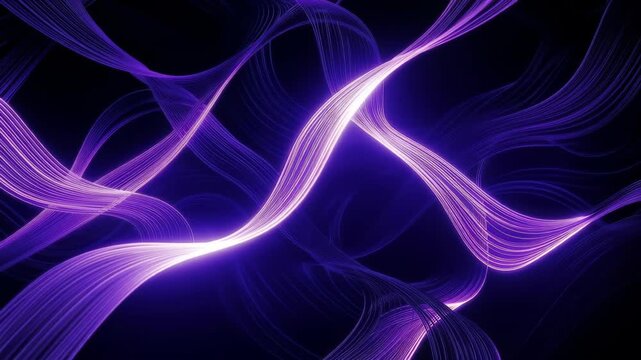 Abstract purple light ribbons weaving and intertwining across a dark background, creating luminous neon waveforms and flowing energy trails of silky translucent strands