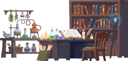 Alchemist Laboratory Workshop Vector Illustration Featuring Magical Wizard Desk with Spellbook Potion Bottles Crystal Staff Bookshelf and Alchemy Equipment for Fantasy Designs © Ruma