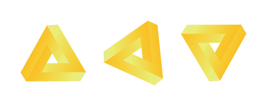 Impossible triangle shape. The Penrose triangle on a dark background. Abstract unreal geometric form for logo, sticker, label and design. Vector illustration.