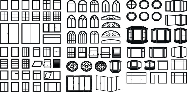 Architecture Window Line Icons Vector Set Featuring Various Shapes Like Square Arched Round Bay and Gothic Frames for Blueprint Floor Plan Designs