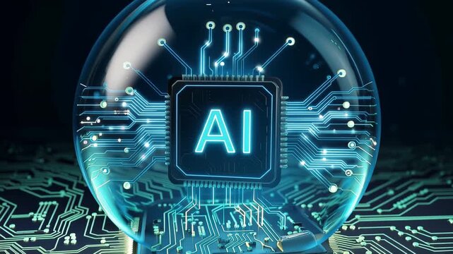 Glowing AI microchip encased in a transparent sphere with illuminated circuitry and radiant digital network links, featuring a futuristic semiconductor processor in blue tones.