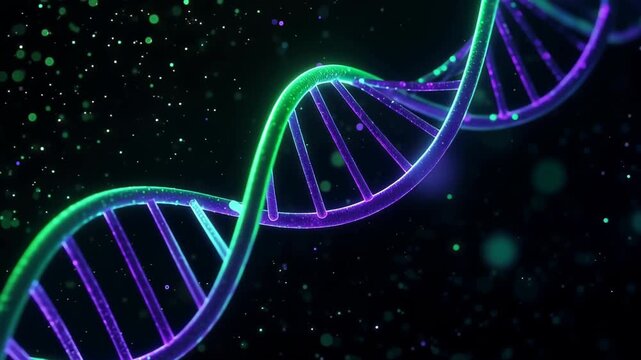 High-resolution visualization of a glowing green and purple DNA double helix twisting in 3D space with floating particles and bokeh, cinematic molecular genetic imagery