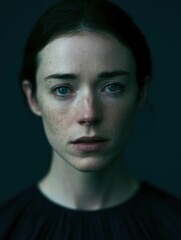 Obraz premium Close-up portrait of a young woman's face. she appears to be in her late twenties or early thirties, with dark hair and freckles on her face.