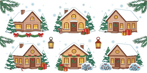 Naklejka premium Cute Cartoon Christmas Winter Houses Vector Set Featuring Snowy Cottages Decorated with Garlands Pine Trees Wreaths and Gift Boxes Holiday Designs