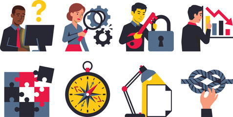 Fototapeta premium Business Problem Solving and Strategic Decision Concept Icon Set with Challenge, Security, Analytics, Teamwork, Navigation, and Solution Illustration Collection