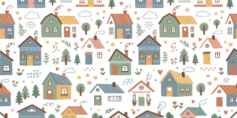 Fototapeta premium Cute Cartoon Houses Seamless Pattern Vector Background Featuring Whimsical Hand Drawn Doodle Homes Trees Clouds and Stars for Fabric Textile Designs