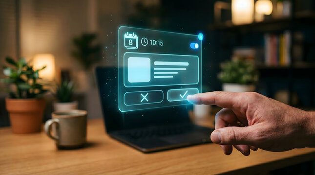 Finger confirming hologram calendar reminder notification on bright modern workspace display screen.