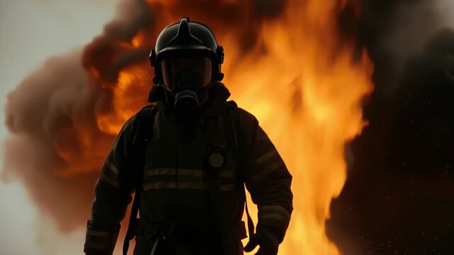 Silhouetted firefighter in full turnout gear and breathing apparatus stands resolute against a backdrop of intense smoke and roaring orange flames, dramatic rescue scene