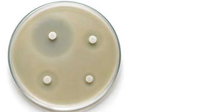 Clinical microbiology laboratory specimen showing a Kirby-Bauer antibiotic susceptibility test on Mueller-Hinton agar.