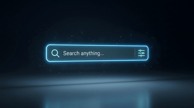 Glowing hologram search bar with filter controls floating over dark minimalist digital background UI