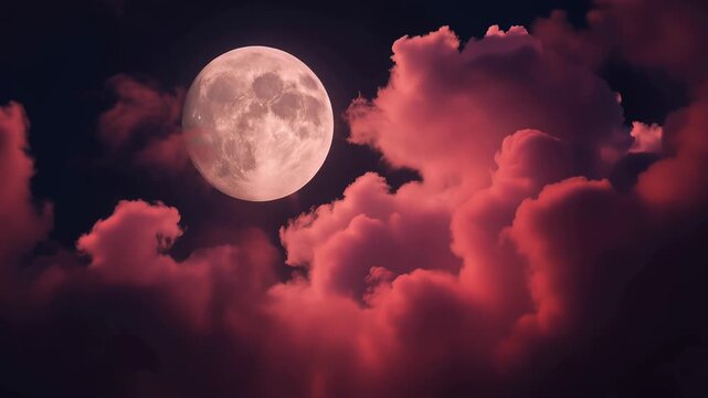 A luminous full moon rising behind dramatic pink and red illuminated clouds at night, creating a surreal celestial scene with glowing lunar details and vibrant cloudscapes