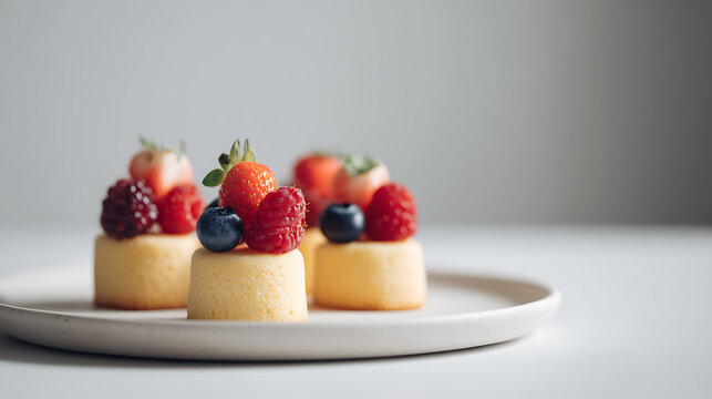 Small, golden cakes decorated with seasonal berries, empty space