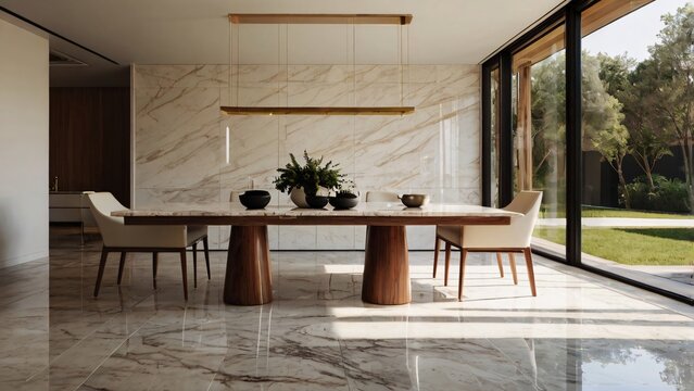 Elegant dining room with large marble table, modern chandelier, and garden view