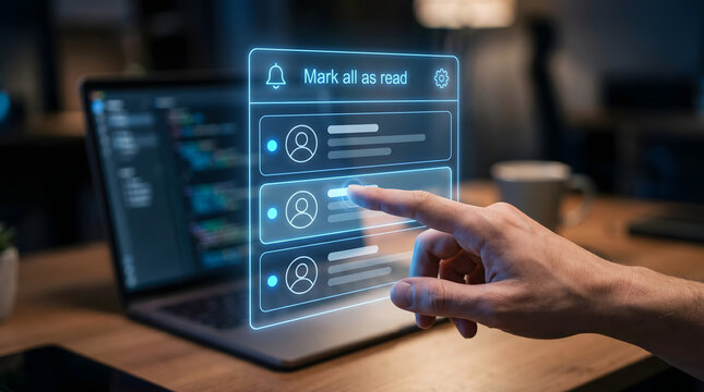 Close-up view of a hand interacting with a floating hologram web notification dropdown including bell icon