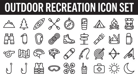 Fototapeta premium Outdoor recreation and camping activity icons set featuring hiking travel and adventure equipment in linear vector style